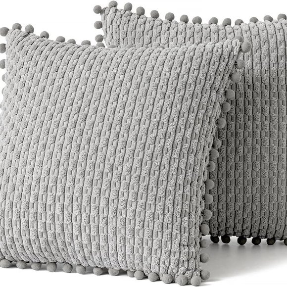 Pompom Grey Stripe Texture Corduroy Farmhouse Cute Luxury Soft Pillow Cover Set - Picture 6 of 7
